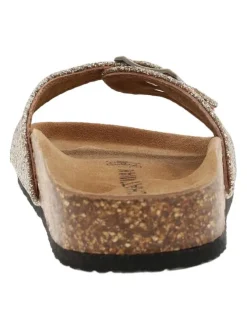 Mules à talon plat Opaline pailletées dorées en cuir avec boucle à ardillon