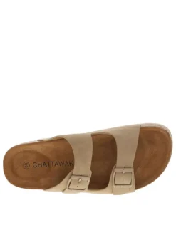 Mules taupe avec le nom de la marque et à boucles à ardillon