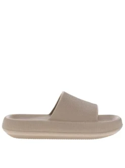 Mules taupe avec un talon plateforme et un revêtement texturé