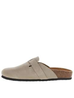 Mules taupe avec un talon plat et pourvues d'une boucle à ardillon
