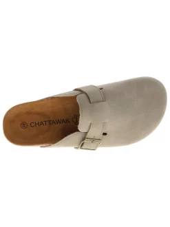 Mules taupe avec un talon plat et pourvues d'une boucle à ardillon