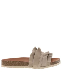 Mules taupe en cuir avec un talon compensé bas et semelle cuvette