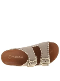 Mules taupe en cuir à talon compensé bas avec deux boucles à ardillon