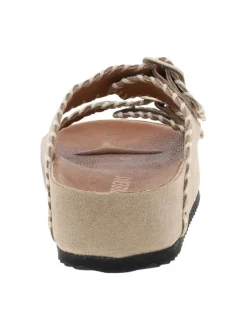 Mules taupe en cuir à talon compensé bas avec deux boucles à ardillon
