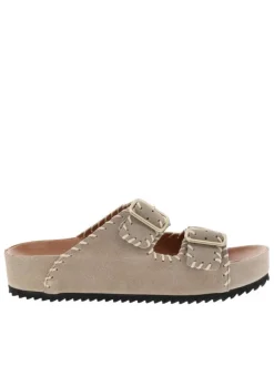 Mules taupe en cuir à talon compensé bas avec deux boucles à ardillon