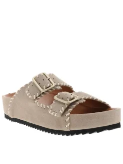 Mules taupe en cuir à talon compensé bas avec deux boucles à ardillon