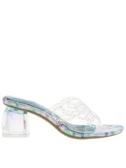 Mules turquoise à talon décroché moyen avec imprimé floral et perles blanches