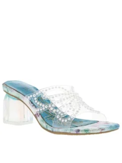 Mules turquoise à talon décroché moyen avec imprimé floral et perles blanches