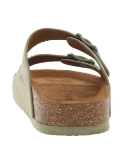 Mules vertes ouvertes avec deux sangles à boucle à ardillon et à semelle plate