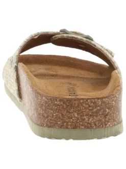 Mules vertes sauge et beiges avec une sangle en tressage à boucle à ardillon