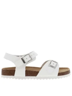 Nu-pieds blanches avec 2 boucles à ardillon et un aspect liège