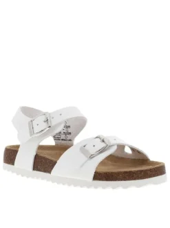 Nu-pieds blanches avec 2 boucles à ardillon et un aspect liège