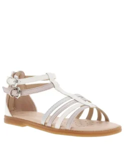 Nu-pieds blancs à semelle plate beige et à boucles à ardillon argentées