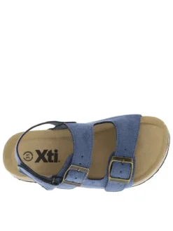 Nu-pieds bleu marine avec 2 boucles à ardillon et un aspect liège