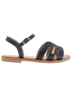 Nu-pieds bleus en cuir avec un talon plat et une boucle à ardillon