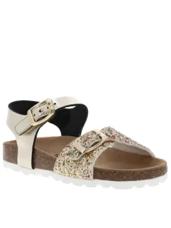 Nu-pieds dorés avec des boucles à ardillon et bride avant en sequins