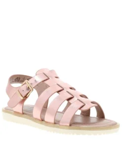 Nu-pieds rose avec un talon plat et une boucle à ardillon dorée