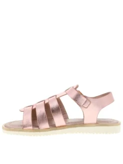 Nu-pieds rose avec un talon plat et une boucle à ardillon dorée