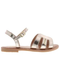 Nu-pieds roses gold en cuir avec un talon plat et une boucle à ardillon