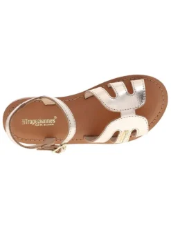 Nu-pieds roses gold en cuir avec un talon plat et une boucle à ardillon