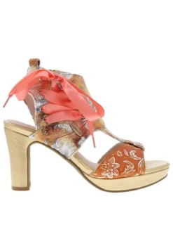 Nu-pieds abricots à talon décroché haut avec fermeture à lacets et zip latéral