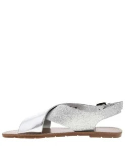 Nu-pieds argent et à glitter, à semelle plate, boucle et première pur cuir