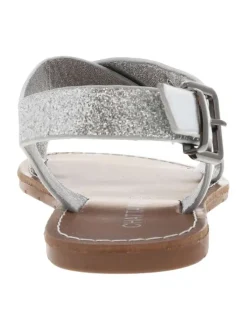 Nu-pieds argent et à glitter, à semelle plate, boucle et première pur cuir