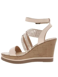 Nu-pieds beige et or à talon compensé haut aspect liège à boucle à ardillon