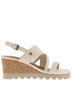 Nu-pieds beiges aspect liège avec boucle à ardillon et talon compensé haut