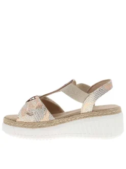 Nu-pieds beiges avec un talon semi-compensé et motifs serpents