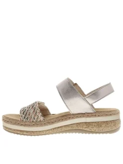 Nu-pieds beiges en cuir avec un talon compensé et deux bandes auto-agrippantes