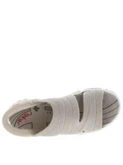 Nu-pieds beiges et gris clairs avec une tige en maille et à semelle plate