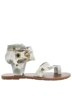 Nu-pieds blanc et vert à talon décroché bas, zip et boucle décorative