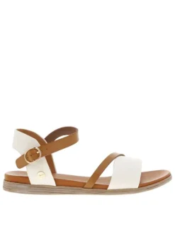 Nu-pieds blancs et marron avec une boucle à ardillon et des détails métalliques