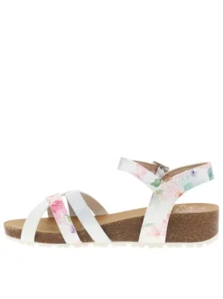 Nu-pieds blancs à semelle compensée bas et à boucle à ardillon