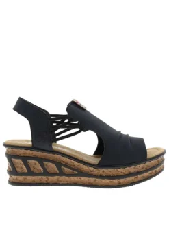 Nu-pieds bleu marine à semelle compensée haute et à soufflets élastiqués