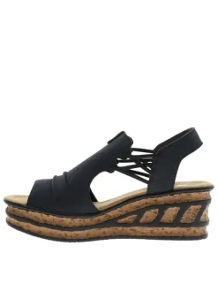 Nu-pieds bleu marine à semelle compensée haute et à soufflets élastiqués