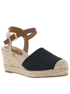 Nu-pieds bleu marine à talon compensé haut avec boucle à ardillon