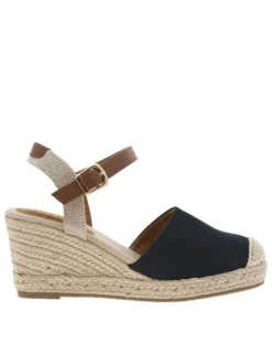 Nu-pieds bleu marine à talon compensé haut avec boucle à ardillon