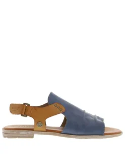 Nu-pieds bleus et marron avec une bande auto-agrippante et un talon plat