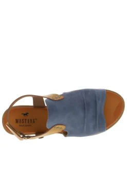 Nu-pieds bleus et marron avec une bande auto-agrippante et un talon plat