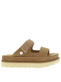 Nu-pieds camel en daim à semelle plate épaisse et à bande auto-agrippante