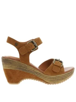 Nu-pieds camel à semelle compensé haut et à boucle à ardillon