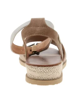 Nu-pieds camel à talon compensé bas avec une boucle à ardillon