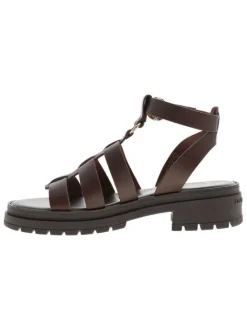 Nu-pieds chocolat en cuir avec un talon décroché bas et une boucle à ardillon
