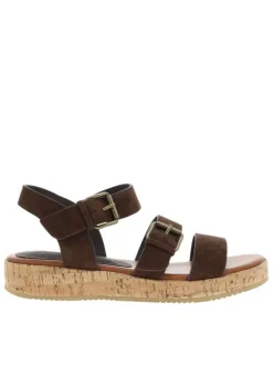 Nu-pieds chocolat à semelle compensé bas et à boucle à ardillon