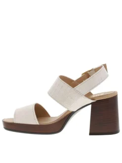Nu-pieds en cuir aspect croco ivoire à talon décroché haut et boucle à ardillon