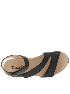 Nu-pieds en cuir aspect froissé noir à bandes auto-agrippantes, semi-compensées