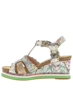Nu-pieds en cuir beige et doré à semelle compensée et bande auto-agrippante