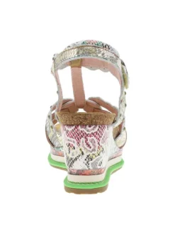 Nu-pieds en cuir beige et doré à semelle compensée et bande auto-agrippante